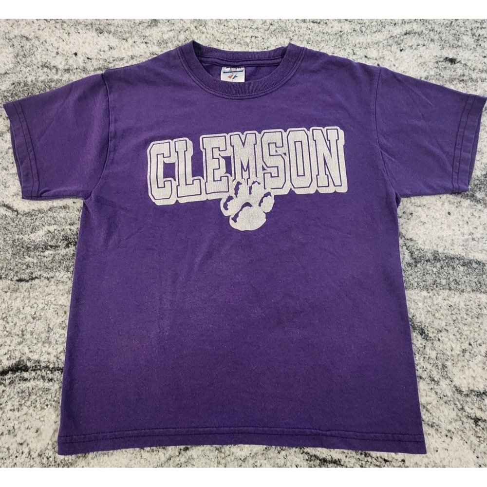 VINTAGE Y2K JERZEES CLEMSON TIGERS SHIRT YOUTH MEDIUM PURPLE WHITE PRINT NCAA